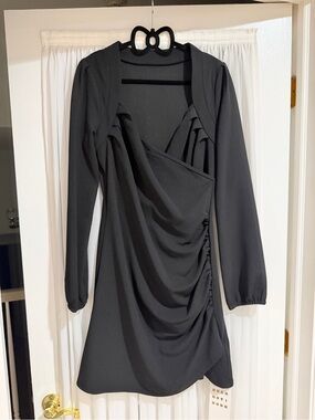 Ras Black Long-Sleeve Ruched Wrap Dress